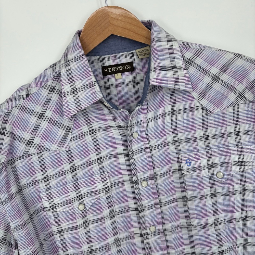 Stetson Plaid Pearl Snap Western Shirt Mens L Purple Plaid Cowboy Ranch Wear